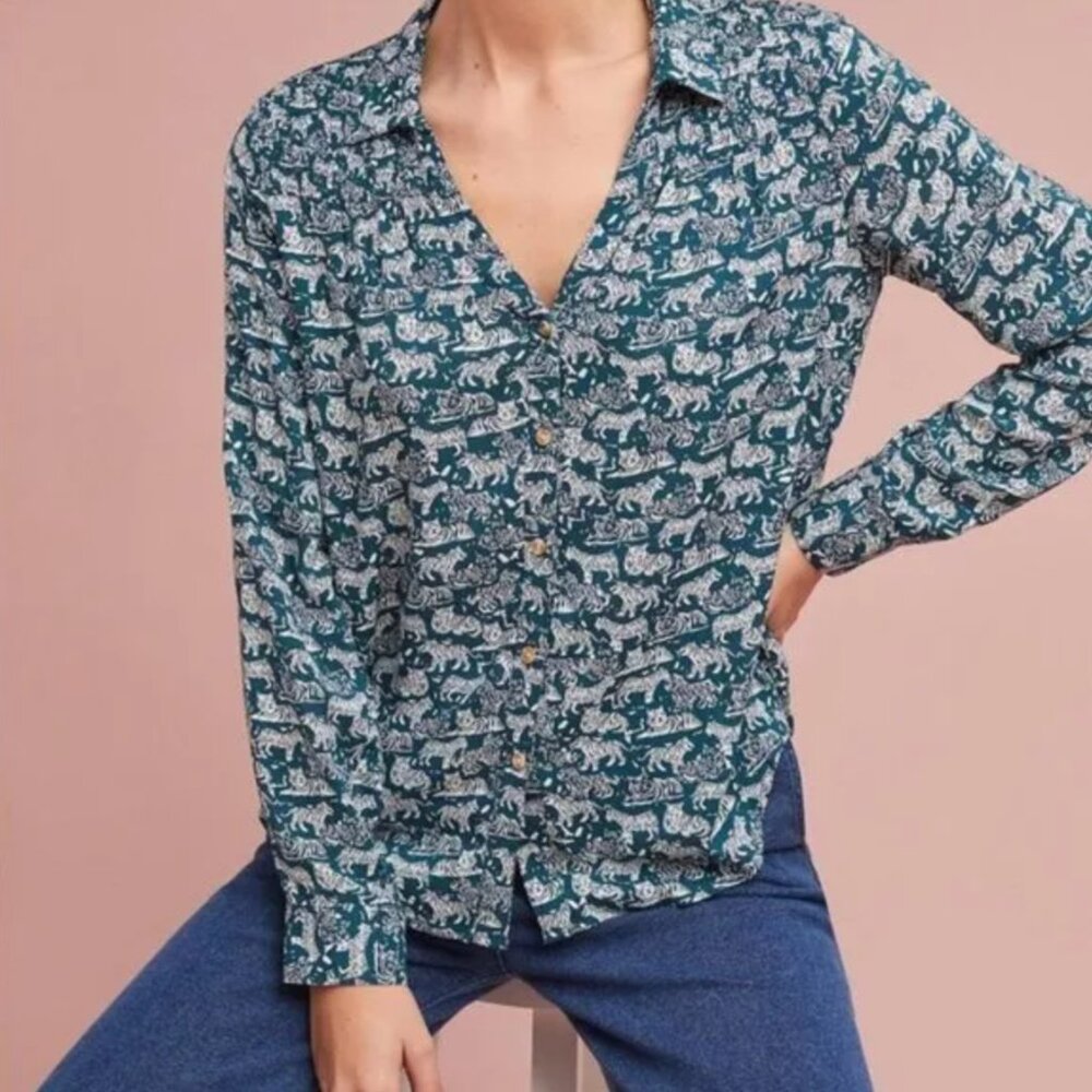 Anthropologie Maeve Emory Tiger Print Blouse Size 14